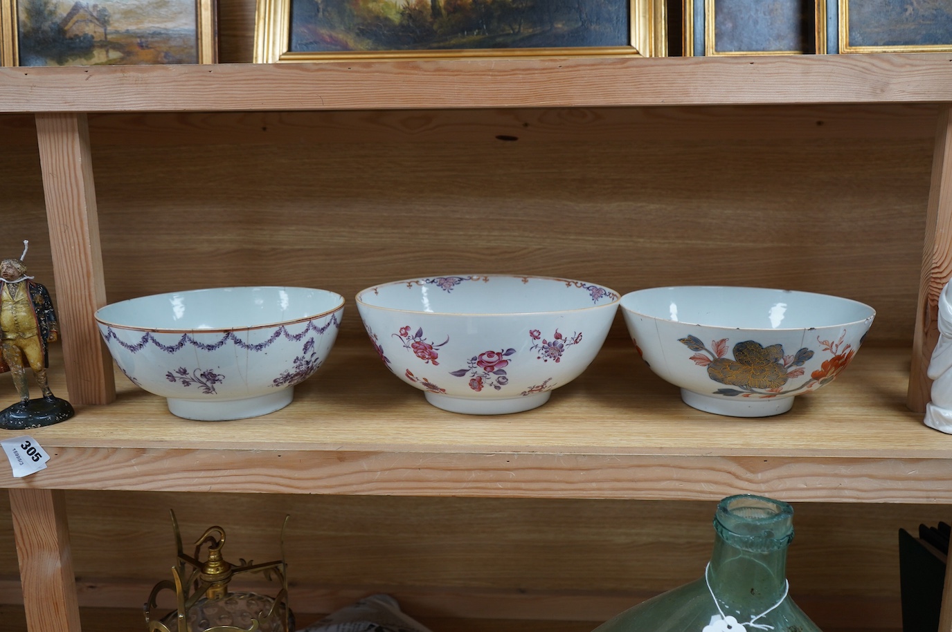 Three late 18th century Chinese porcelain bowls, (all damaged), noticed 28.5cm diameter. Condition - poor.